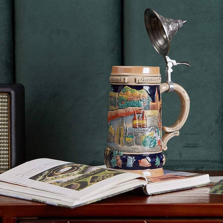 German Traditional Handmade Ceramic Beer Mug Mug with Lid